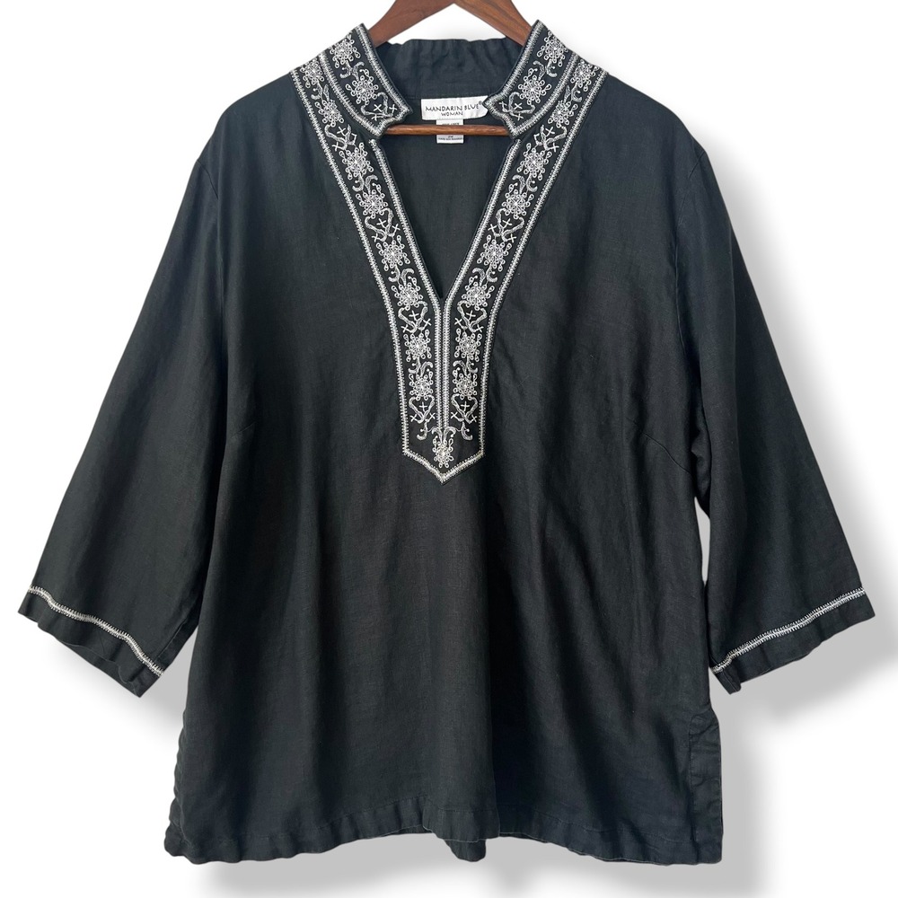 Mandarin Blue Plus Tunic 2X Black 100% Linen Embroidered Split Neck Beach Resort